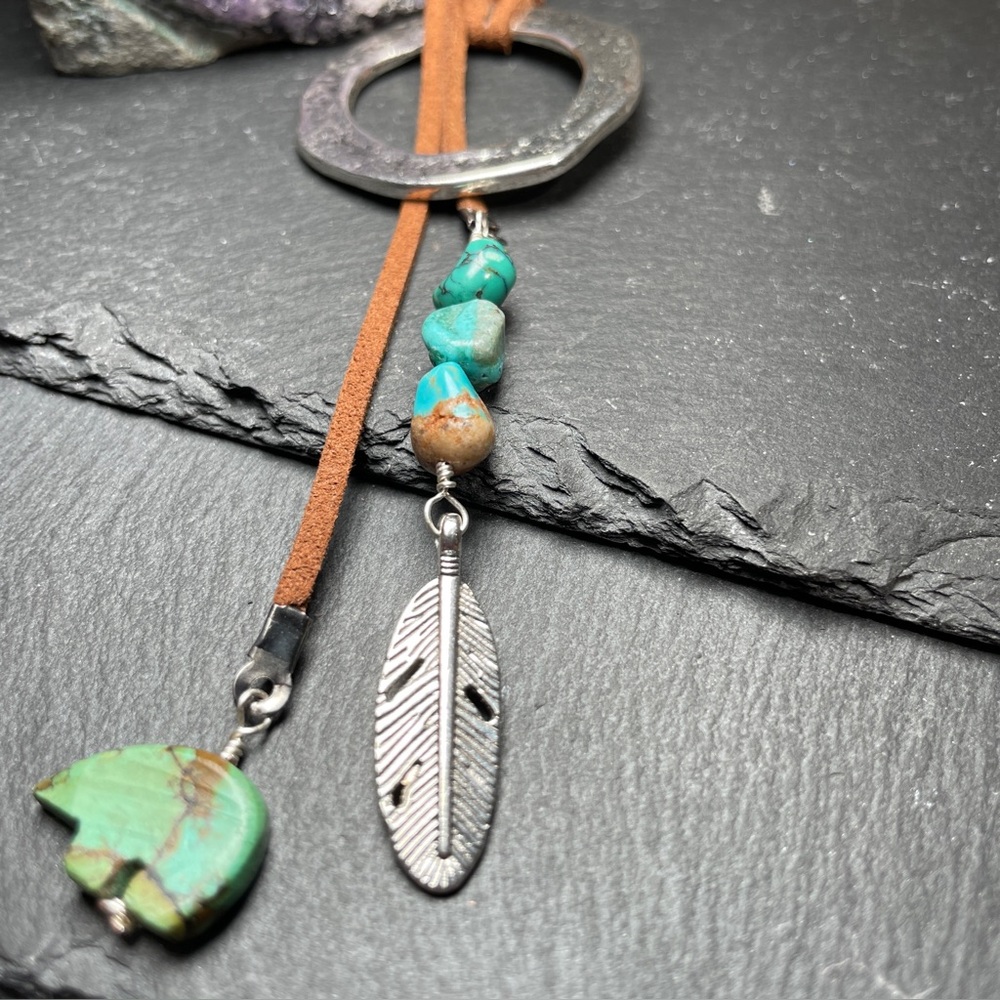 Turquoise Feather Pendant Lariat Necklace - Picture 2 of 7